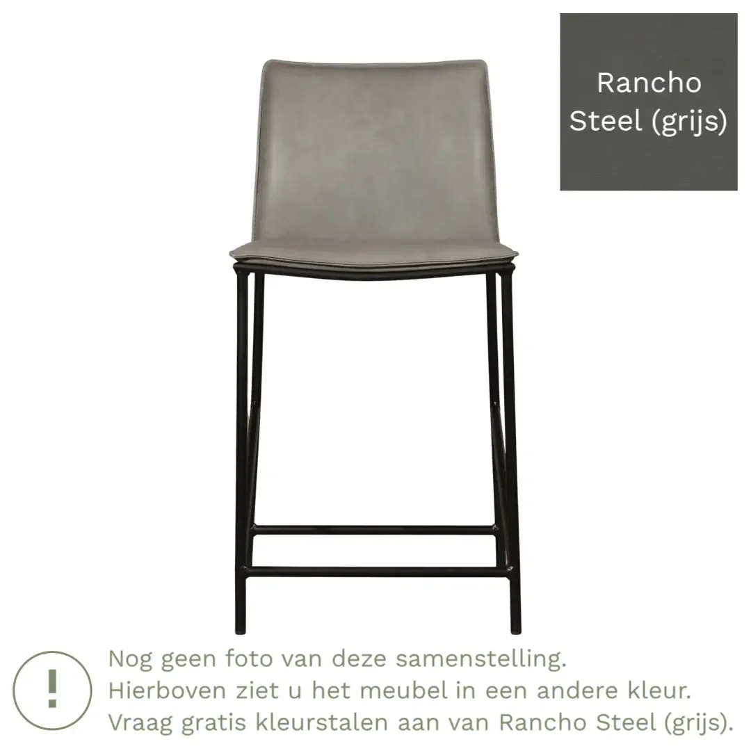 afbeelding van Leren barkruk laag Favor - Rancho Steel (grijs) - poten staal rond zwart